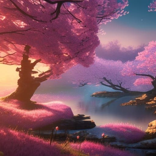 Cherry Blossom Sunset: Detailed Landscape Art