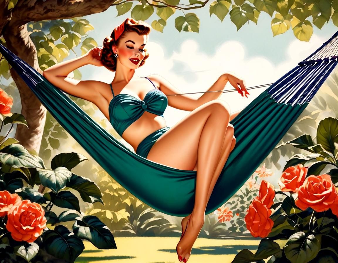 Retro Pin-Up Girl in Garden Hammock