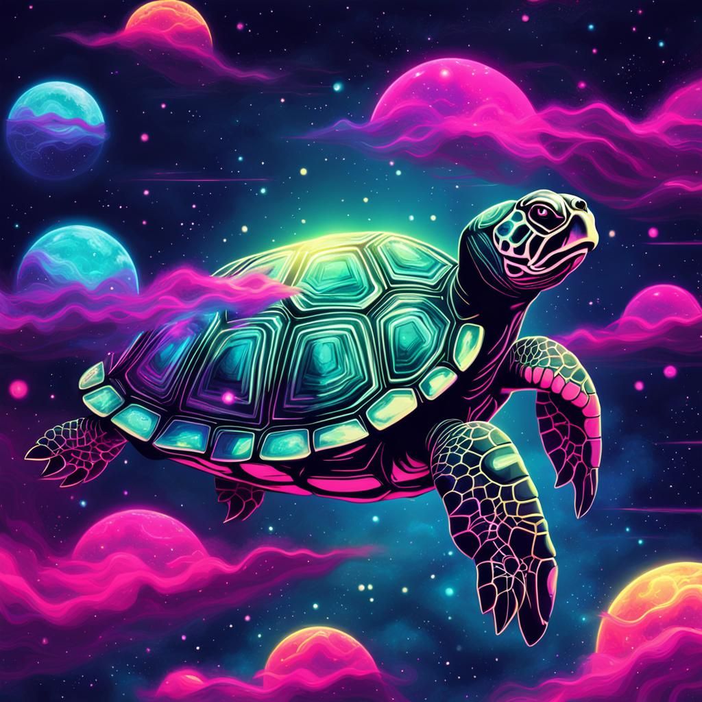 Neon Turtle Drifting in a Synthwave Nebula