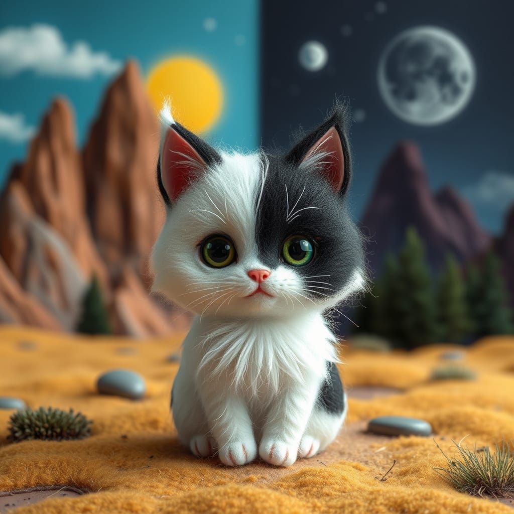 Chibi Cat in Surreal Split Landscape
