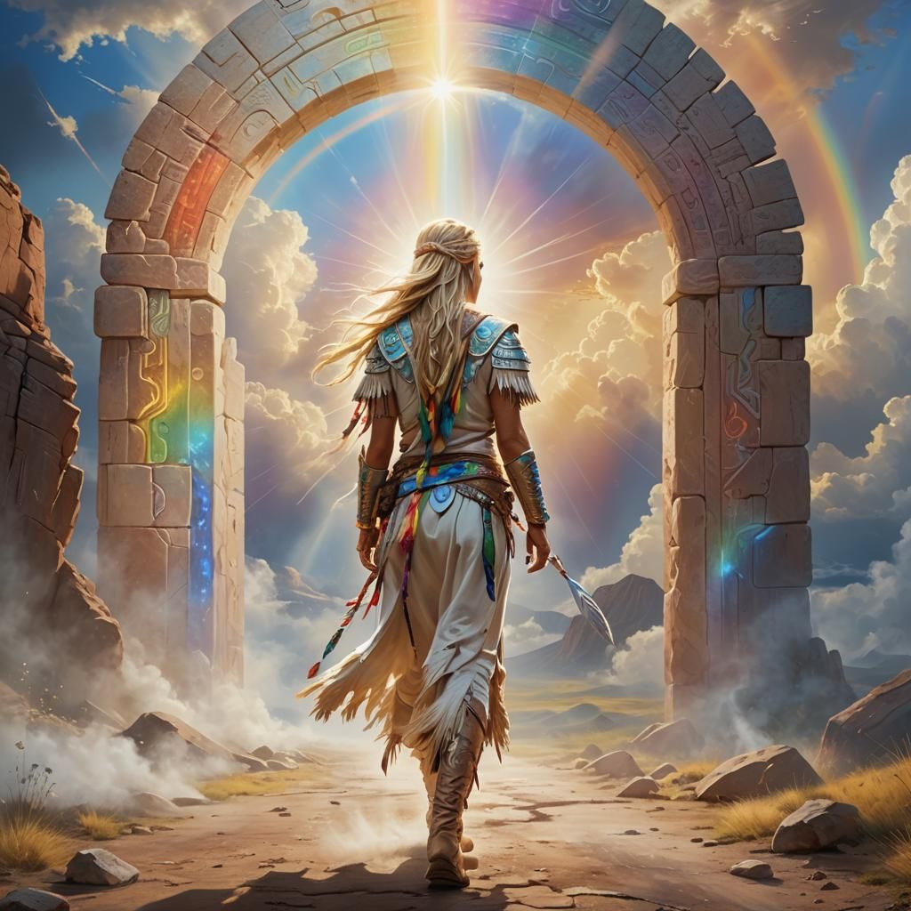 Native American Warrior Walking Towards Portal