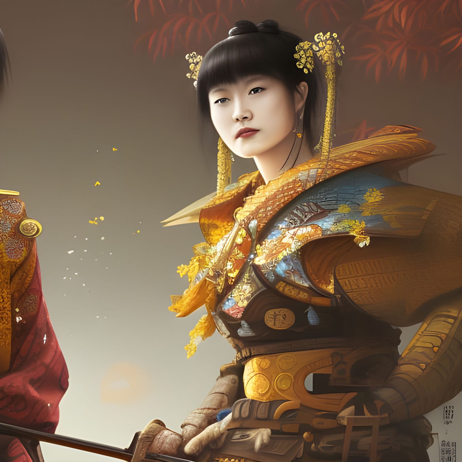 Futuristic Samurai and Princess in Oil Painting Style