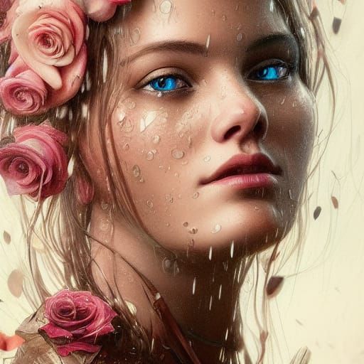 Raining Roses Portrait in Hyperdetailed Splash Art