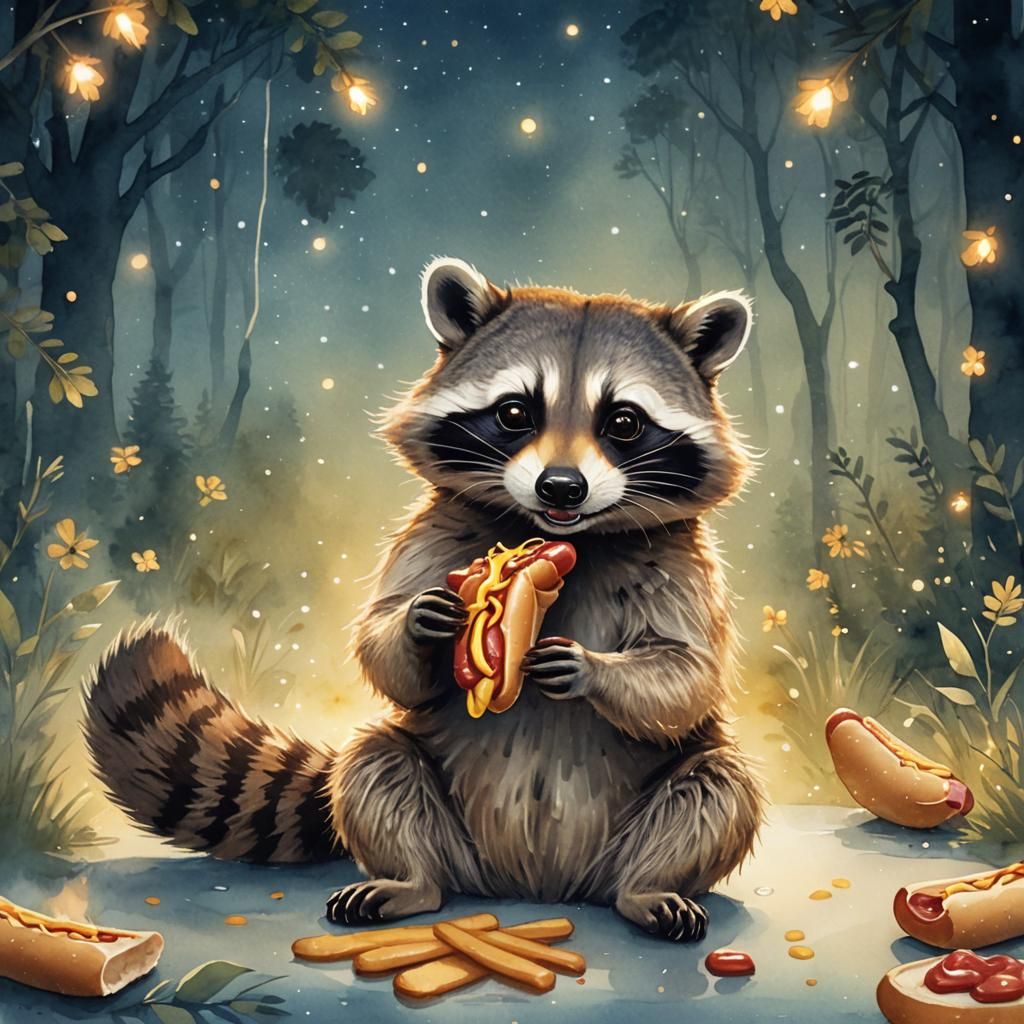 Raccoon Enjoys Hot Dog in Mystical Watercolor Forest