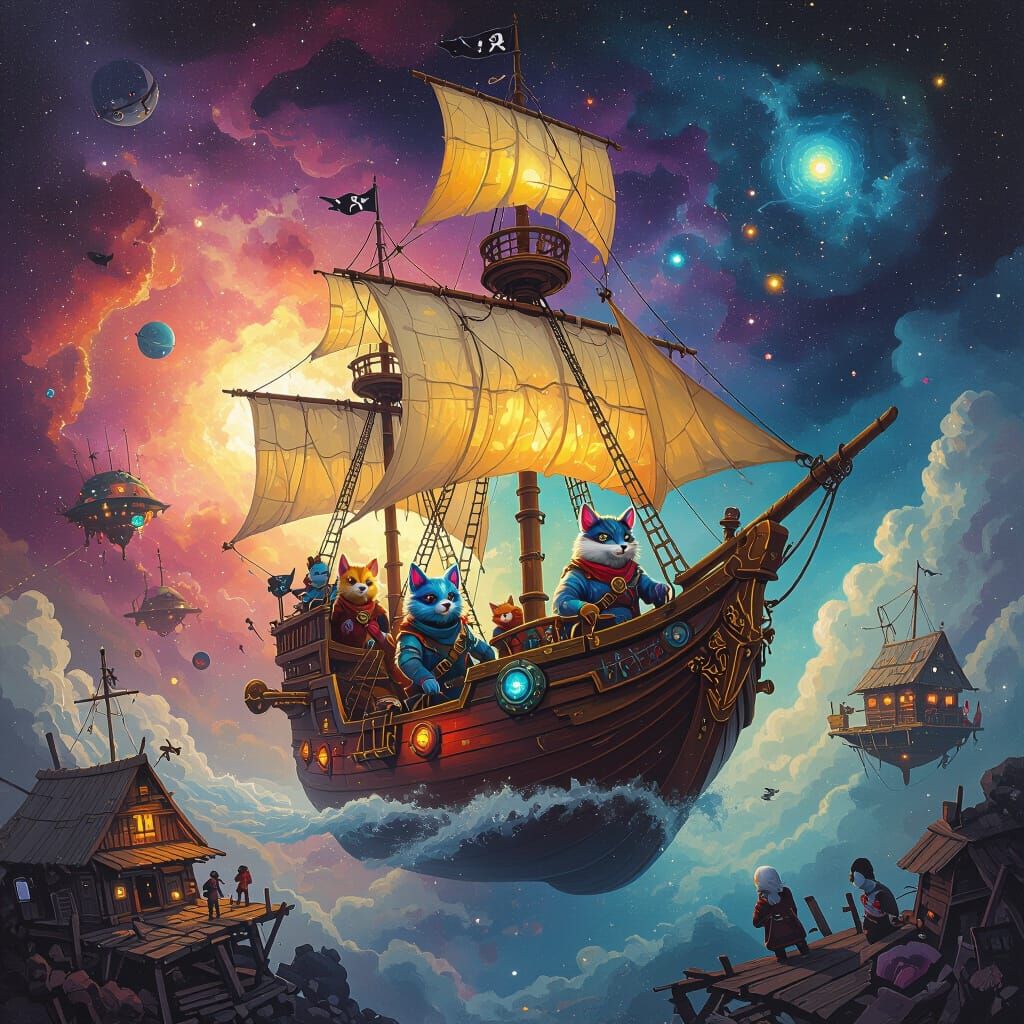 Celestial Pirate Ship Pillaging Space Village, Digital Art