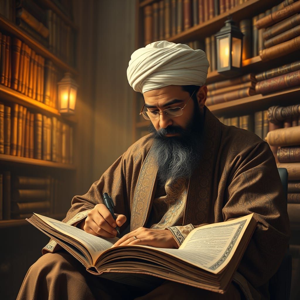 Elegant Scholar in a Lantern-Lit Library