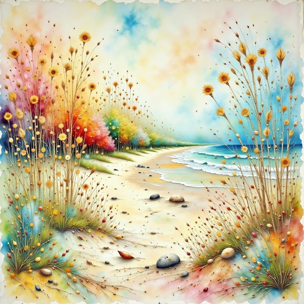 Whimsical Beach Scene in Watercolor Style