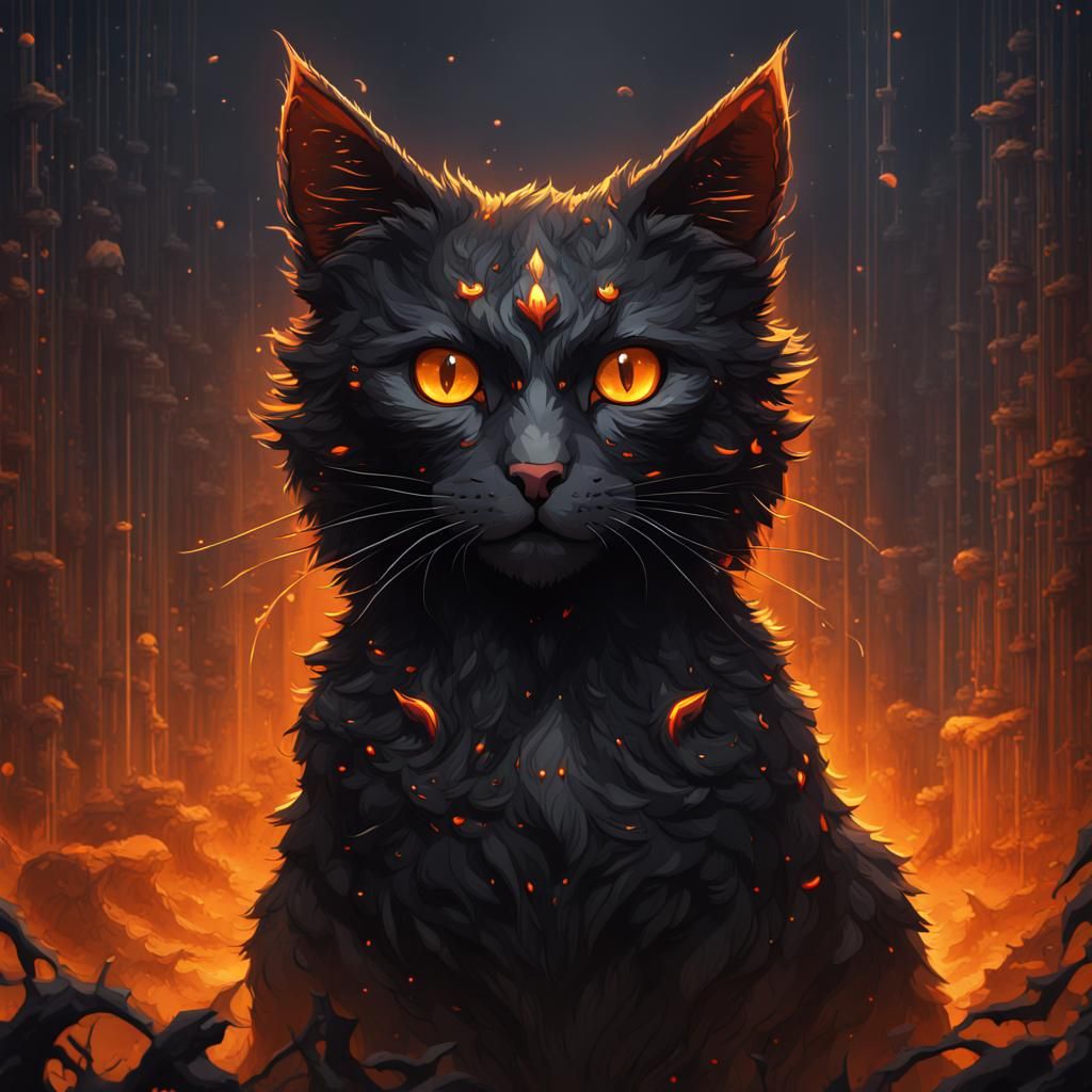 Black Cat Pixel Art with Orange Eyes