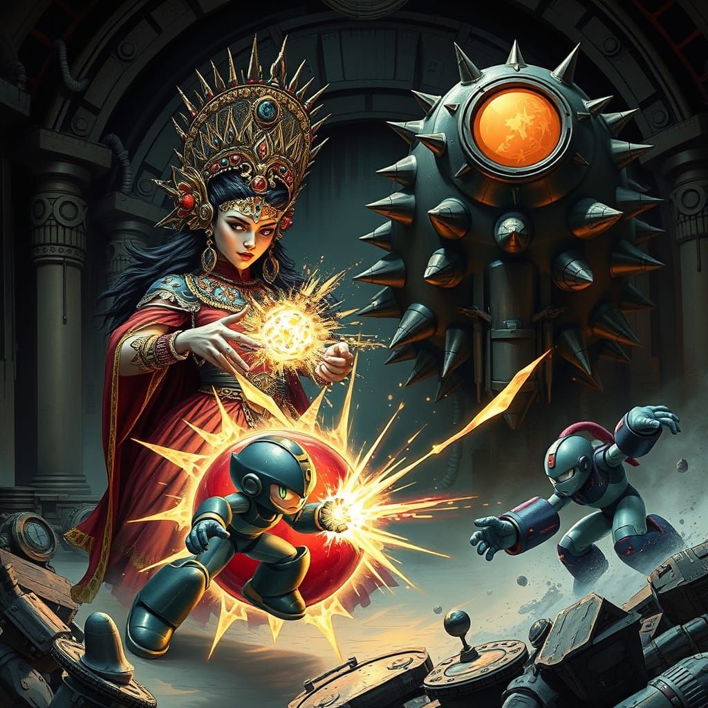 Cyberpunk Goddess Wields Spiked Ball in Futuristic Battle