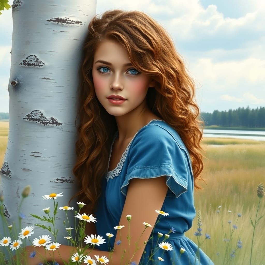 Dreamy Portrait of Woman in Denim Dress, Watercolor Style