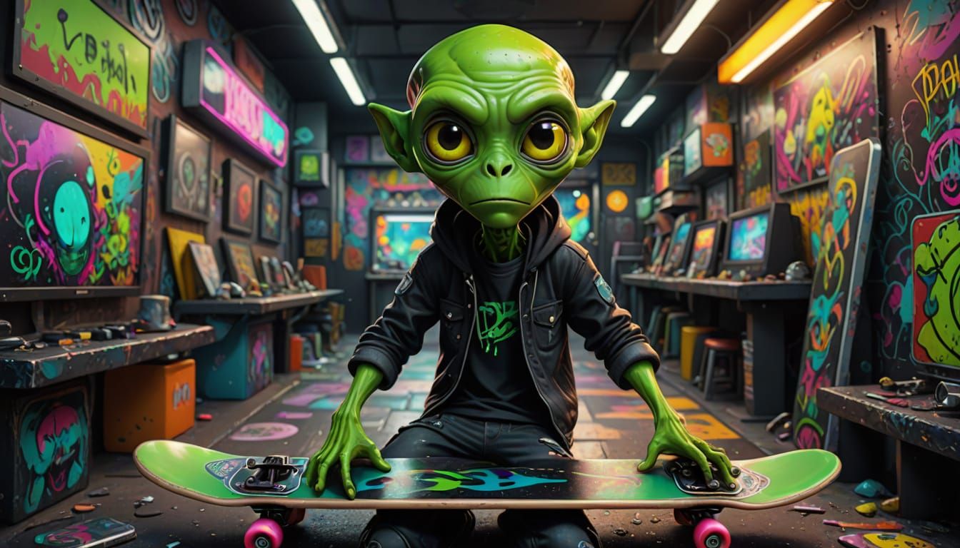 Cyberpunk Alien Rides Graffiti Skateboard in Hyper Realistic...