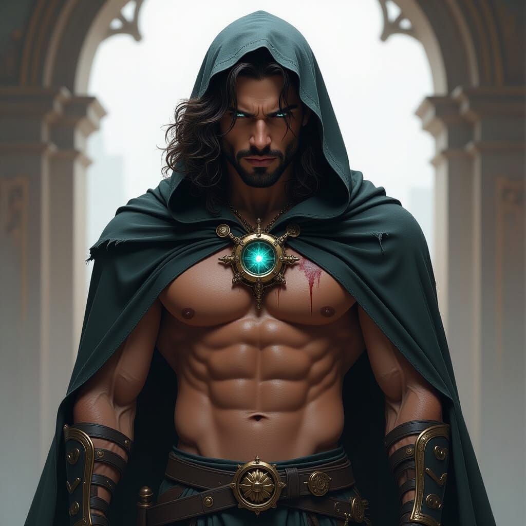 Muscular Man in Reaper Cloak with Veiled Gaze