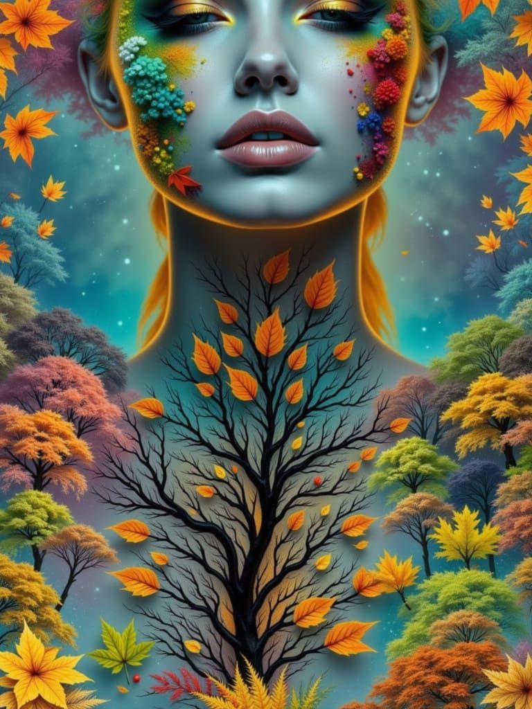 Autumn Goddess Amidst Swirling Leaves in Surreal Style