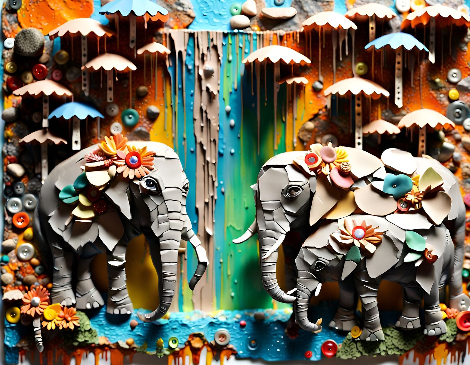 Elephants at Waterfall in Mixed-Media Collage Art