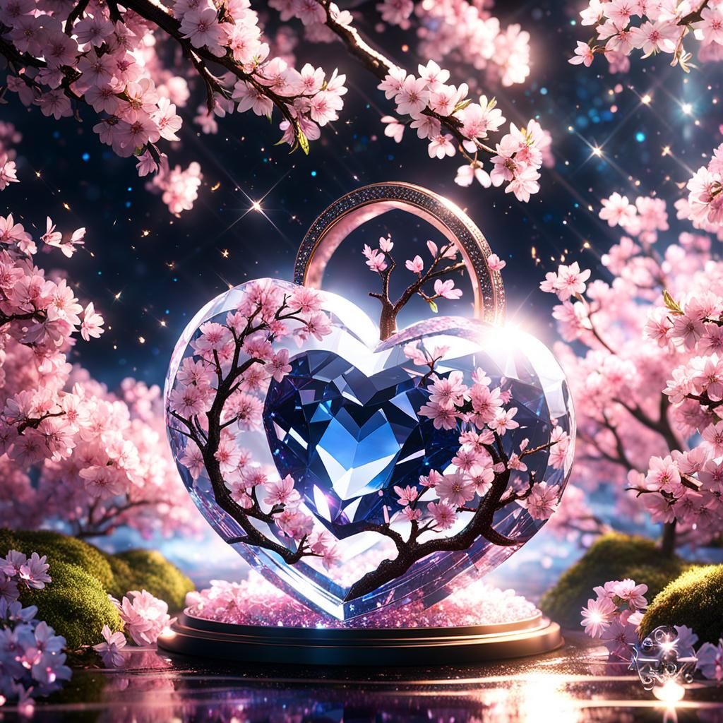 Crystal Heart Sakura Tree: Chiaroscuro CGI Art