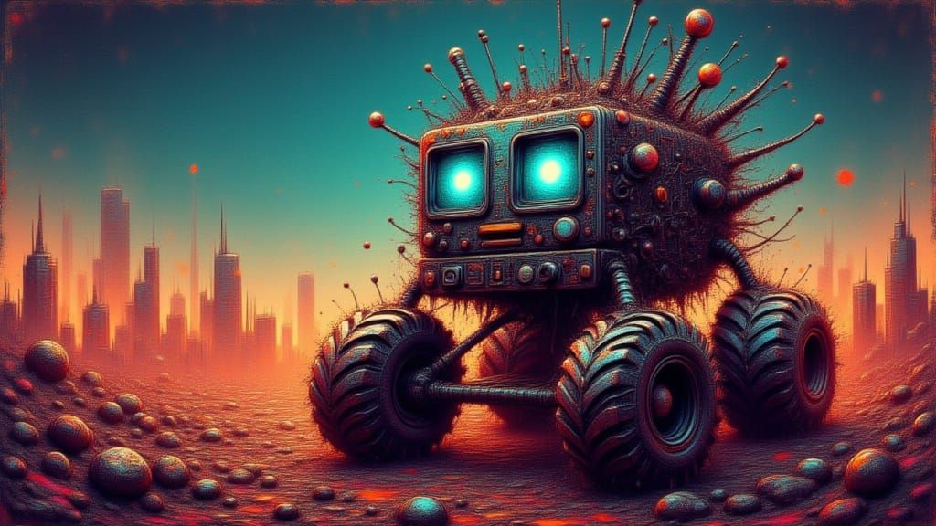 Hypermaximalist Urbanpunk Robot in Dimple Art Style