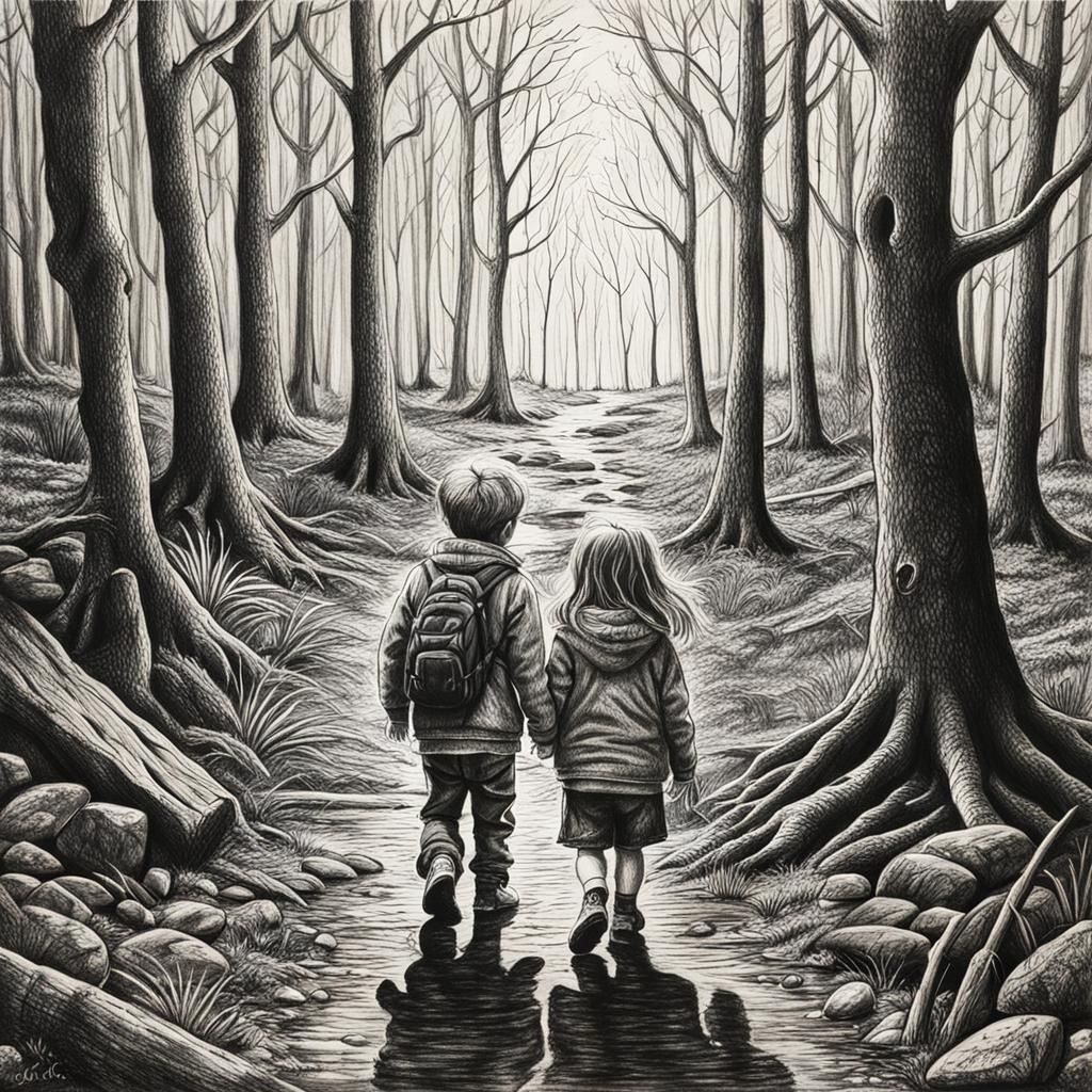 Children in Woods: Detailed Charcoal Drawing