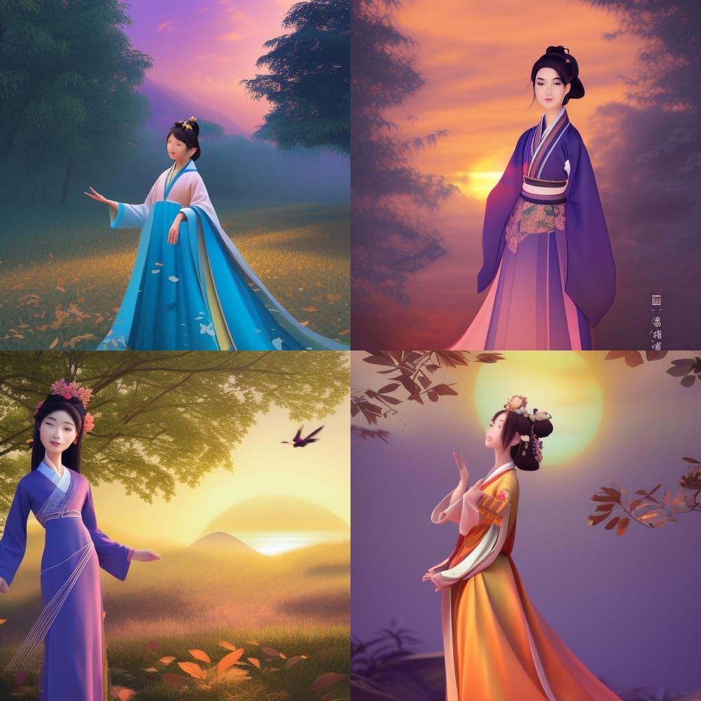 Goddess in Hanfu Dress at Sunset: Pixar-Style 3D Art