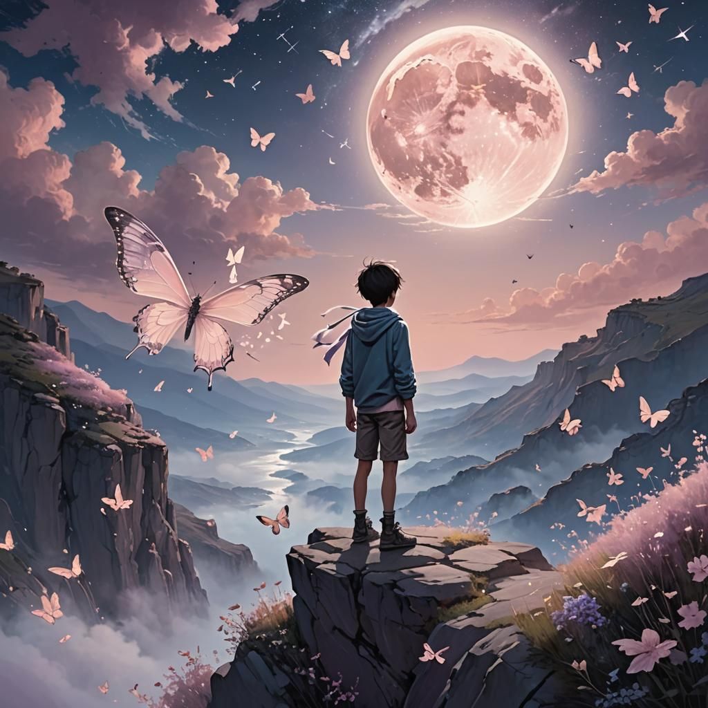 Ethereal Dreamscape: Boy and Butterflies in Cosmic Landscape