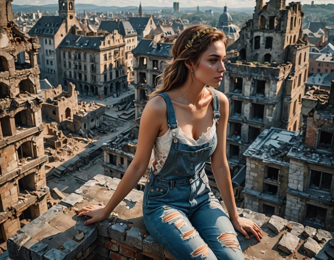 Woman Contemplates City Ruins: Acrylic Painting