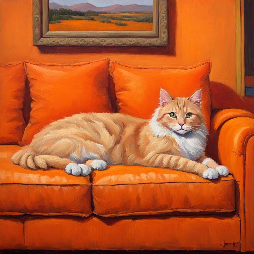Fluffy Orange Cat in Orange Room: Oil Painting