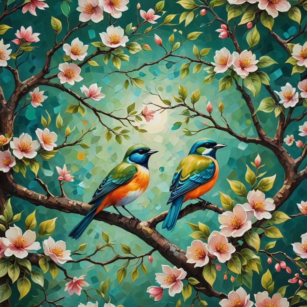 Whimsical Blossoming Tree and Bird, Fantasy Concept Art