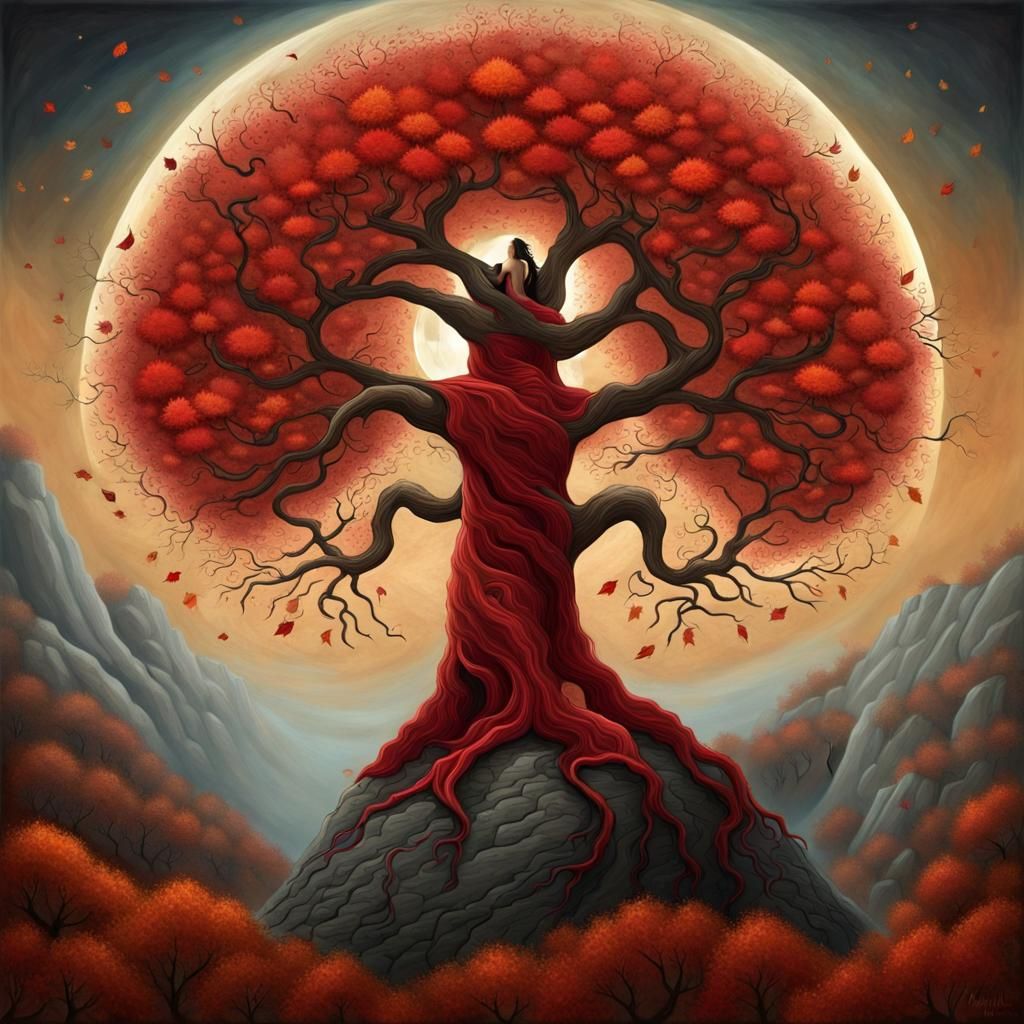 Mythical Creature in Autumn Tree: Surrealist Fantasy Art