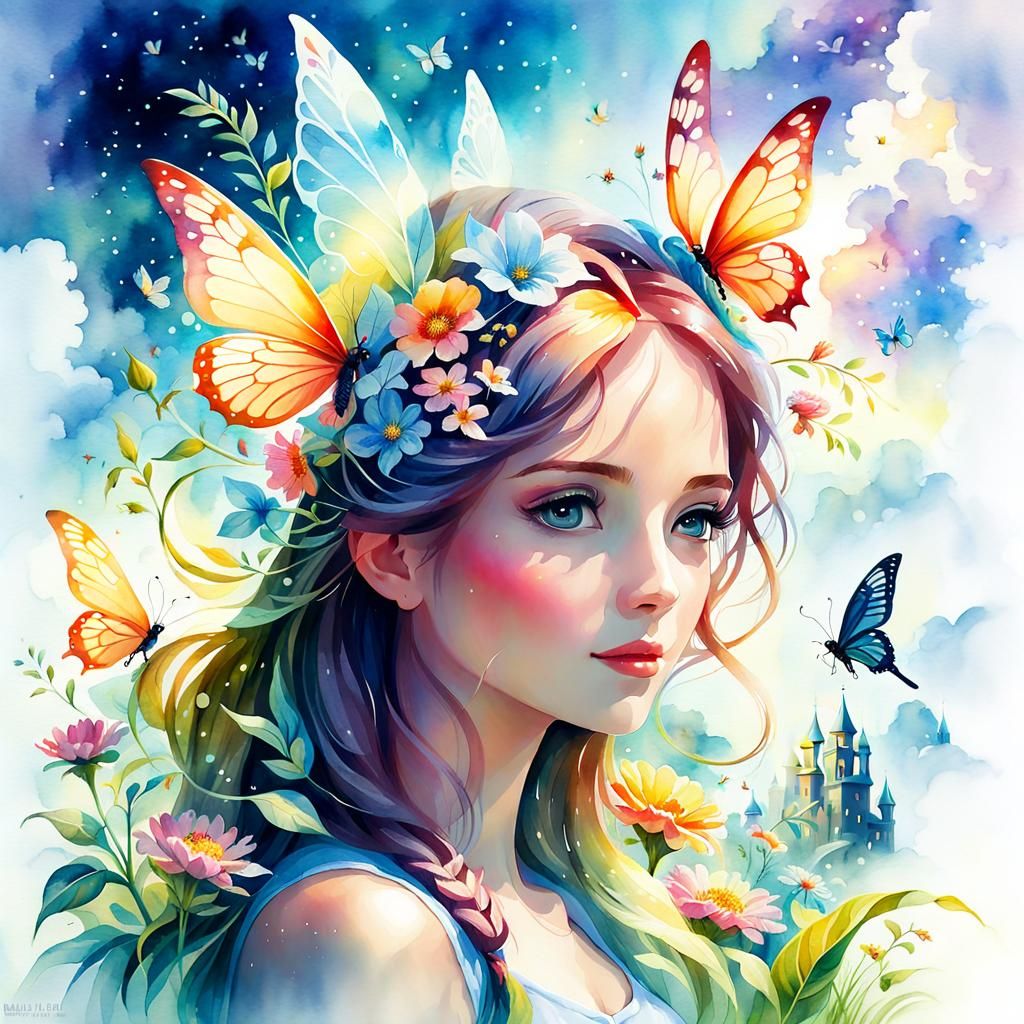 Ethereal Woman with Flowers in Watercolor Style