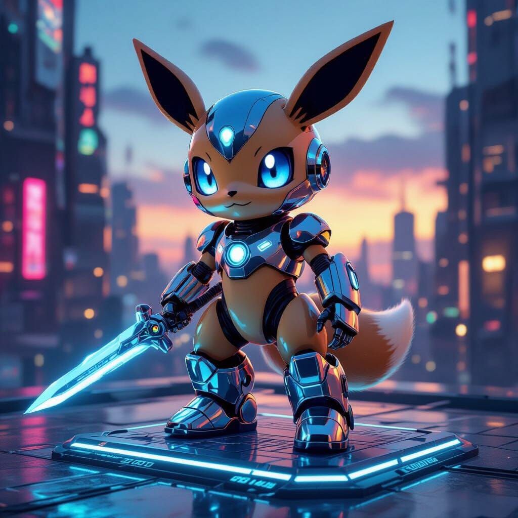 Cute Chrome Robot Eevee with Hover Boots and Sci-Fi Sword