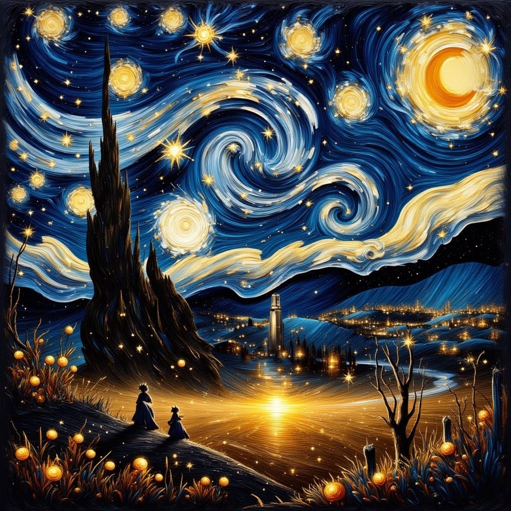 Starry Night Sky with Witches and Harvest Festival in Van Go...