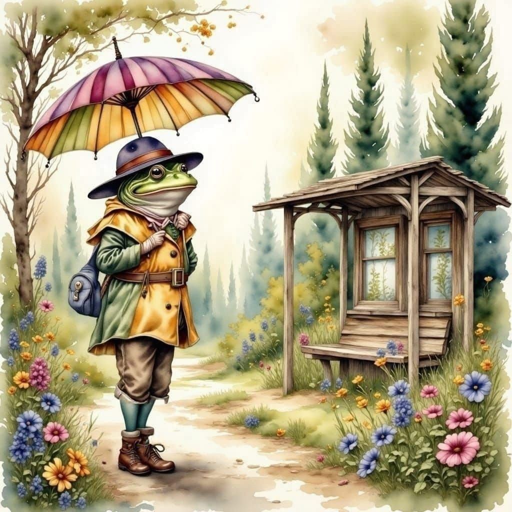 Whimsical Watercolor Frog at a Rural Bus Stop