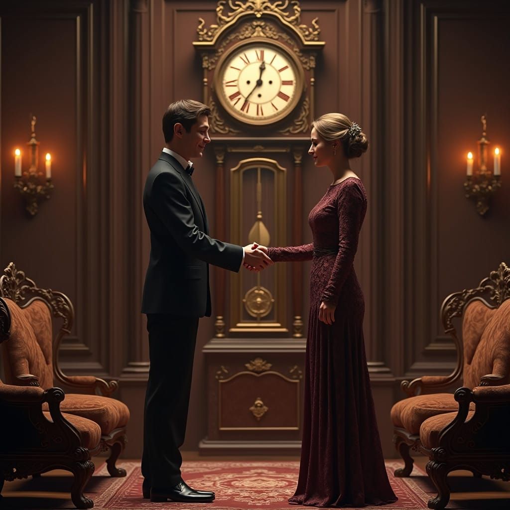 Elegant Gentleman and Lady Shake Hands Before Grandfather Cl...