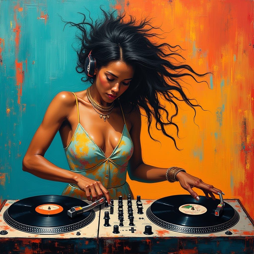 Vibrant Female DJ in Dynamic Abstract Environment