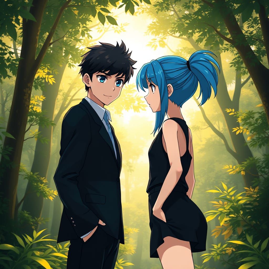 Anime Duo in Forest Sunlight, Ghibli-Inspired