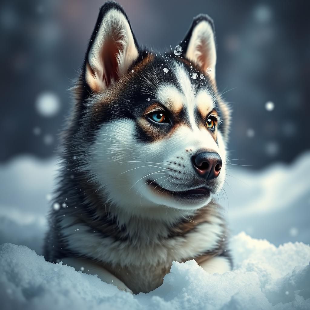 Hyperrealistic Husky Puppy in Snow, Splash Art