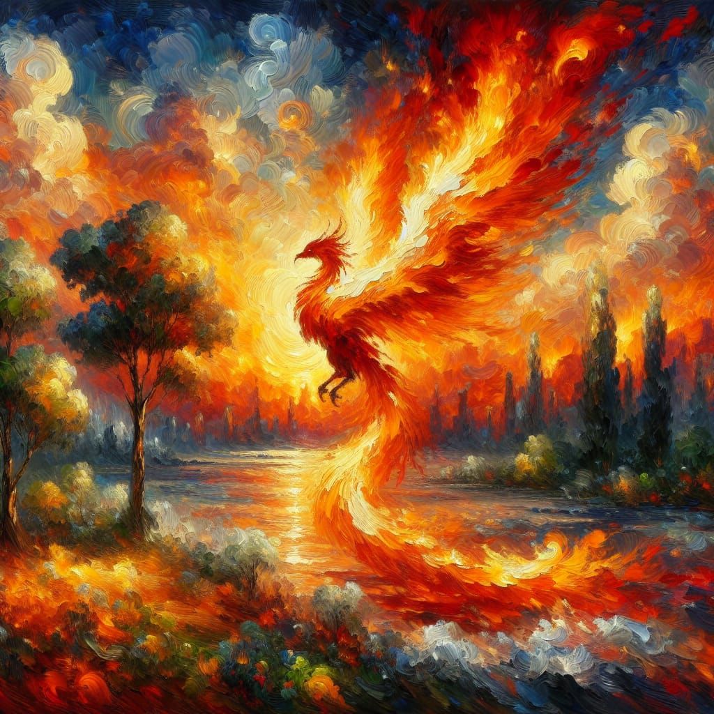 Fiery Phoenix Sunset in Neo-Expressionist Style