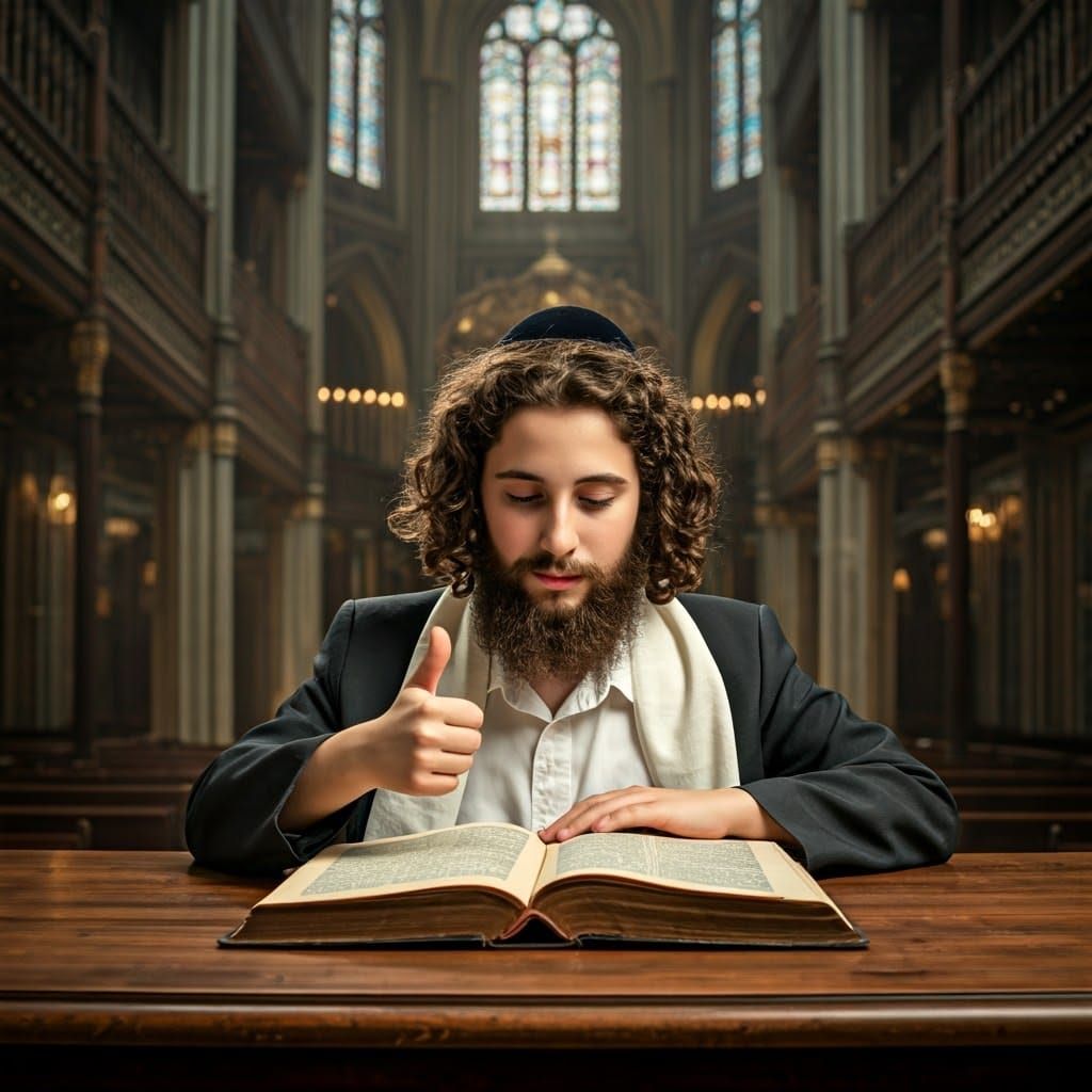 Boy Studying Torah in Synagogue with Golden Light