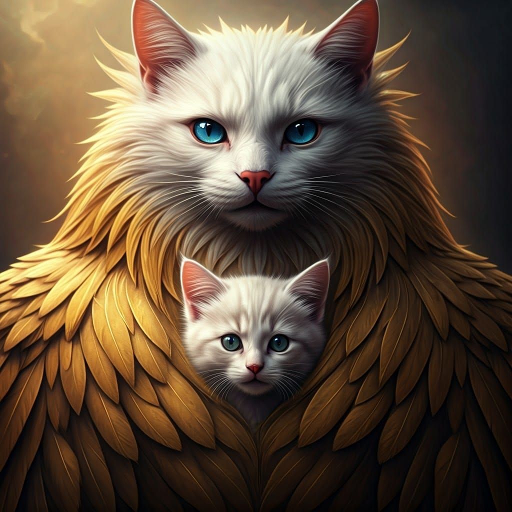 Regal White Cat Eagle Protects Tiny Kitten with Golden Wings