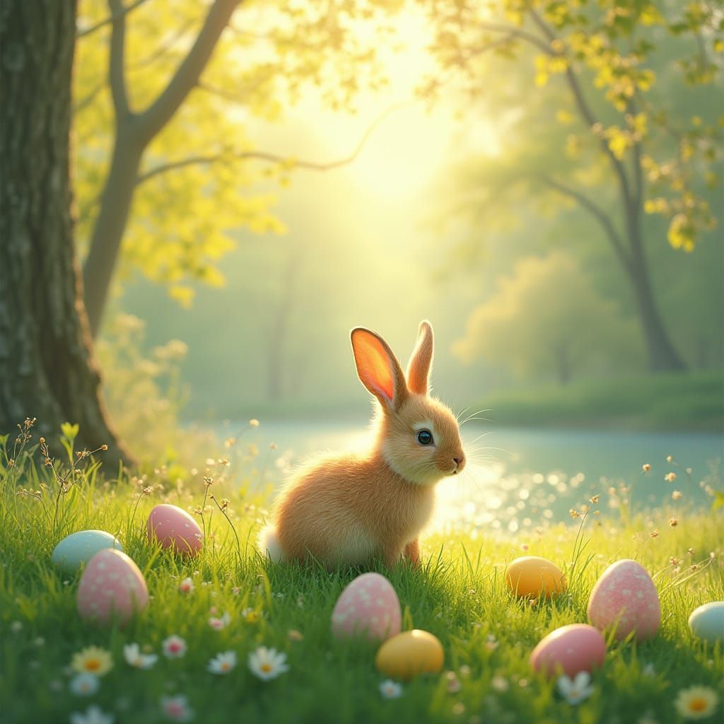 Whimsical Easter Scene in Vibrant Meadow