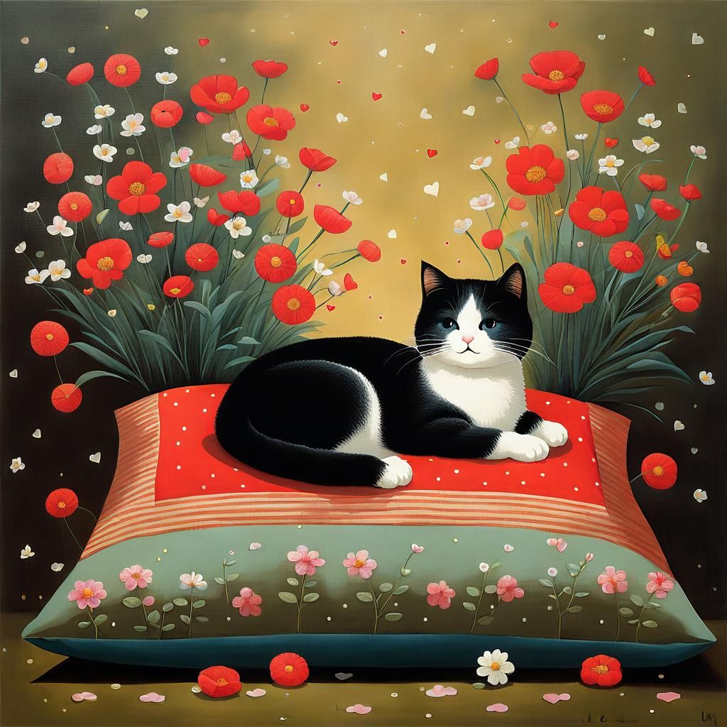 Cat Among Flowers, Playful Digital Art