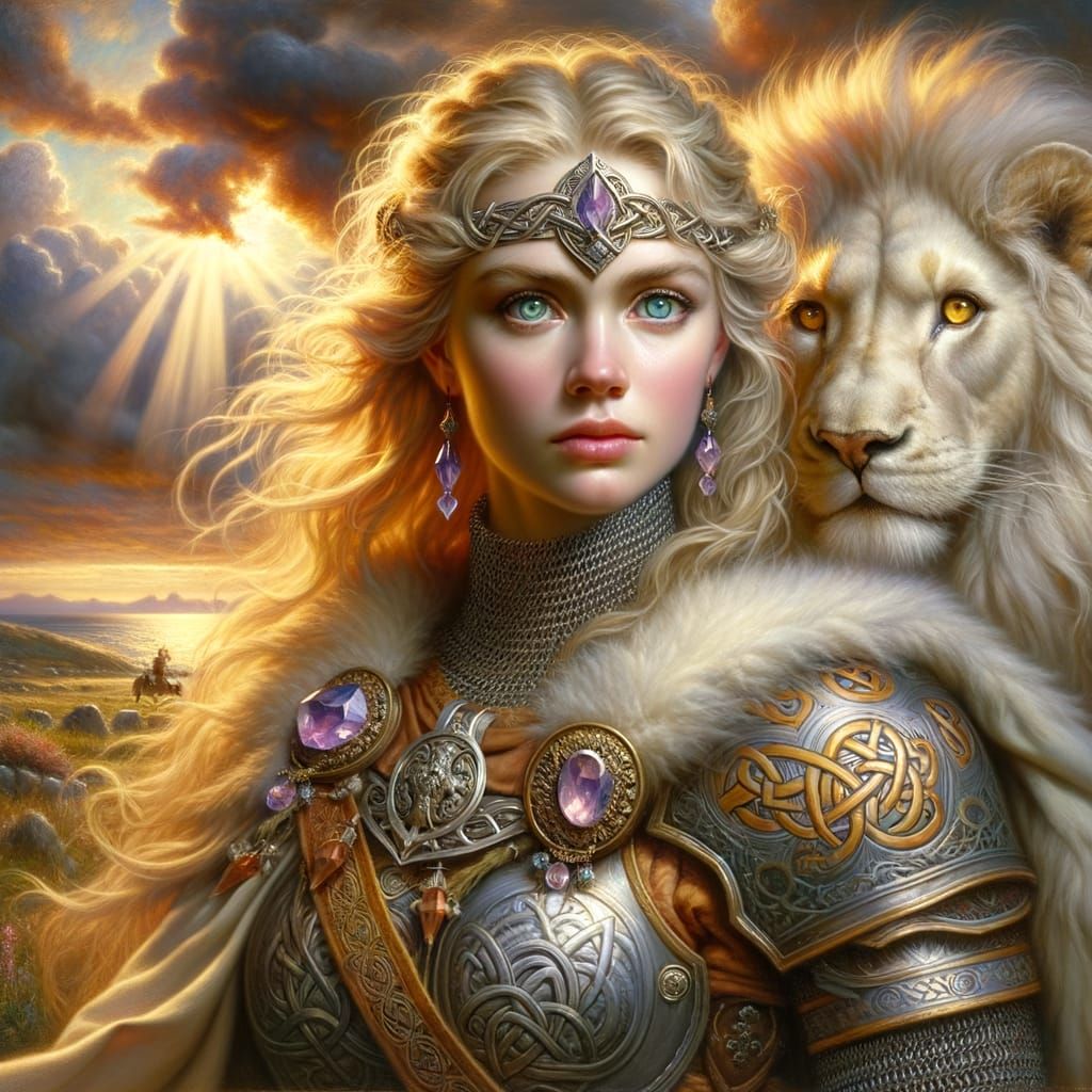 Warrior Queen with Lion in Romantic Style