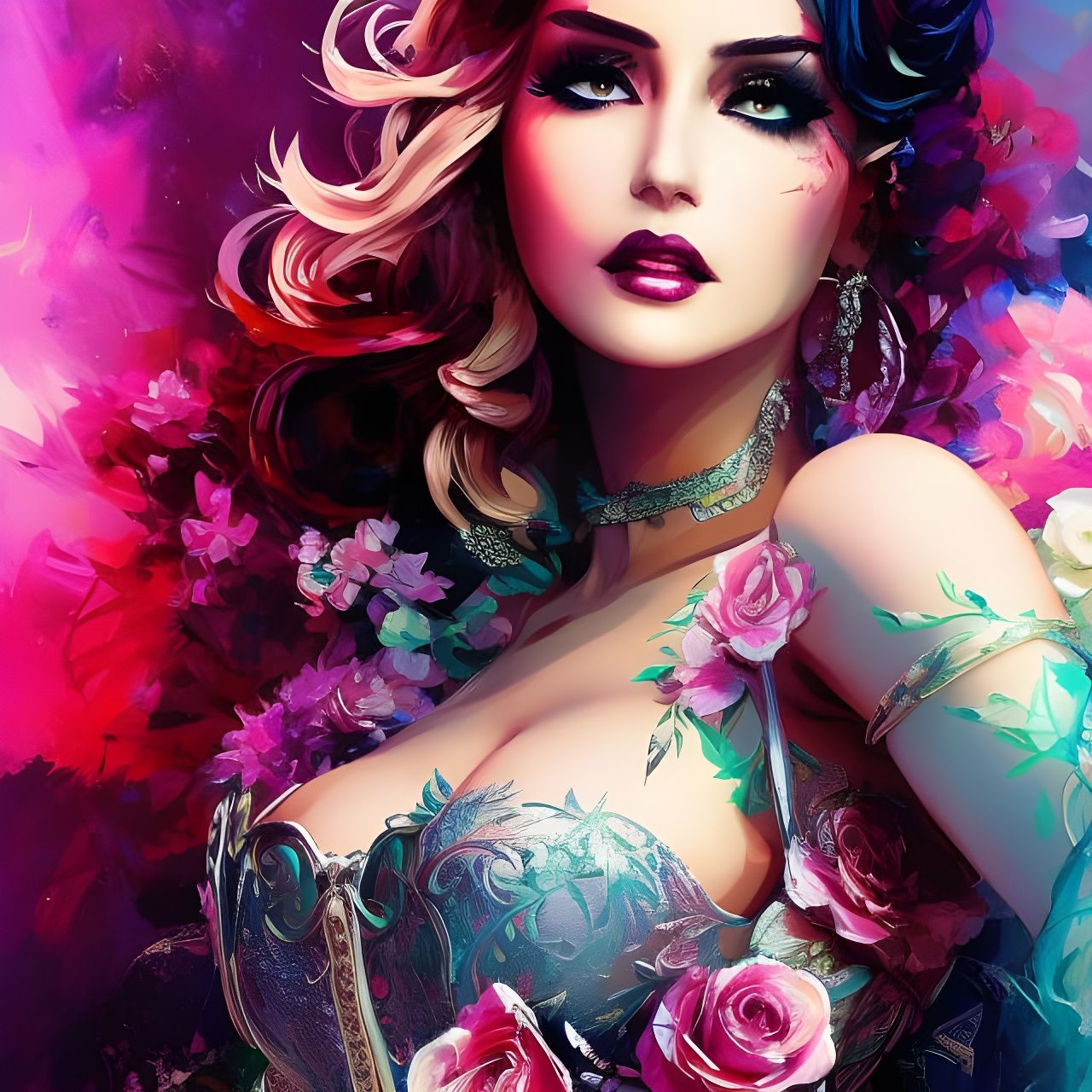 Burlesque Fairy in Floral Corset: Digital Art