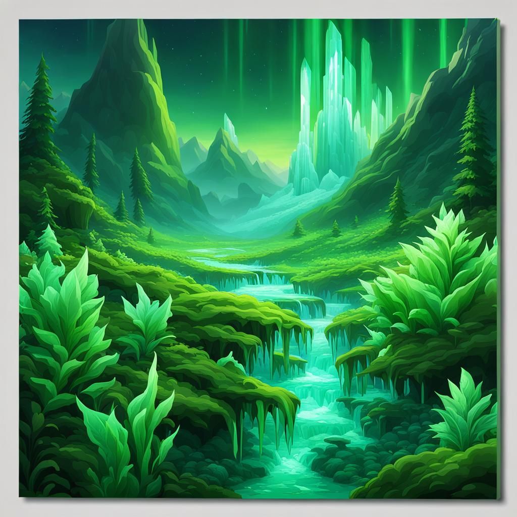 Glowing Green Ice World with Frozen Plants