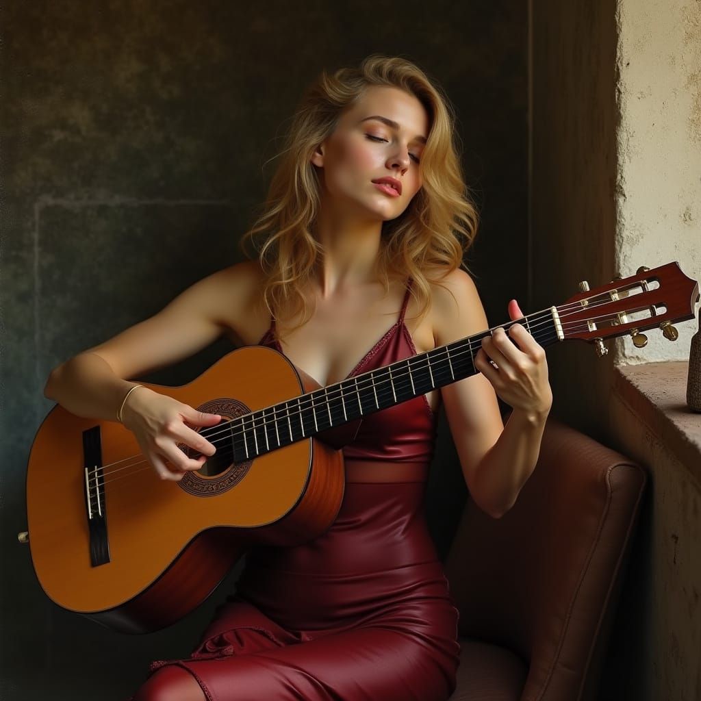 Woman Playing Guitar in a Cozy, Art Nouveau-Inspired Setting