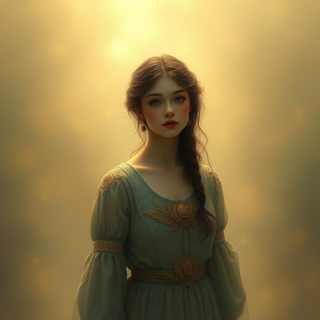 Ethereal Woman in Mist: A Romantic Painting