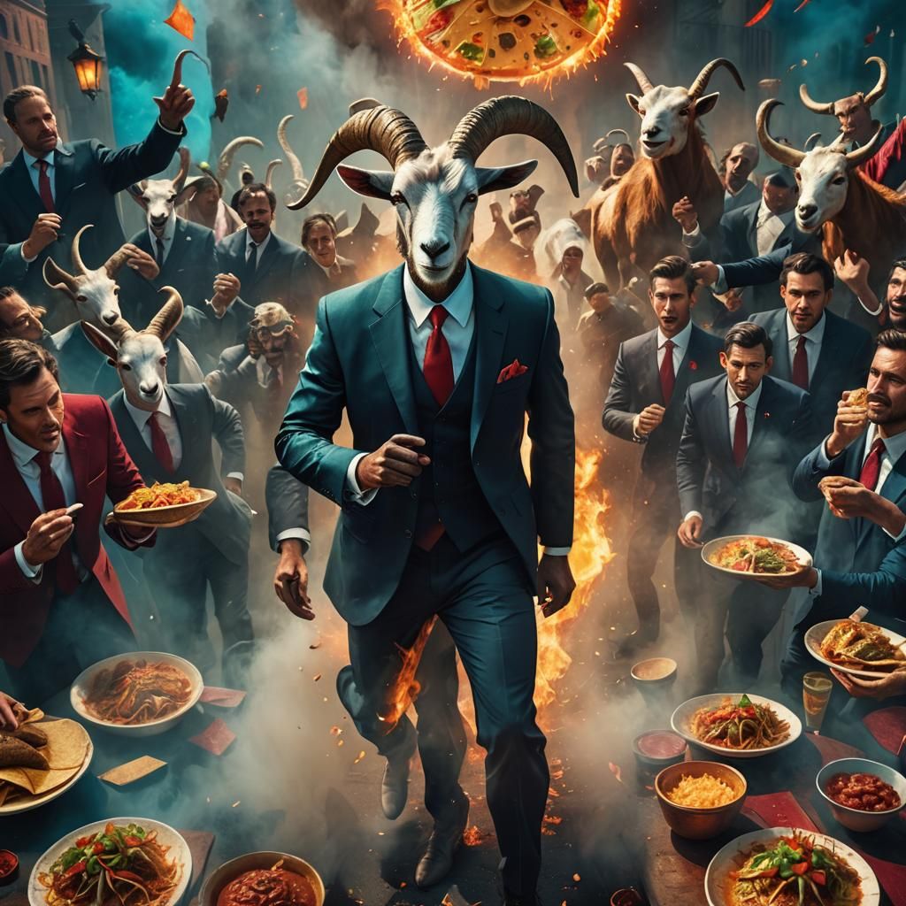 Fiery Goat and Businessman Celebrate Tacos