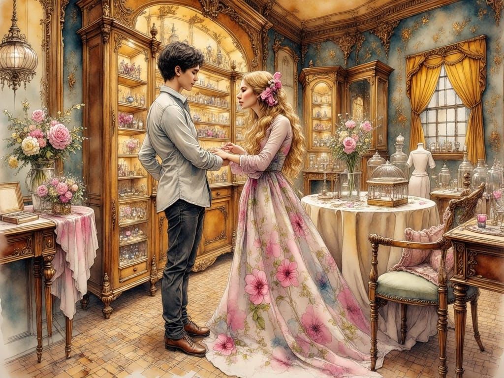 Romantic Jewelry Store Scene in Art Nouveau Style