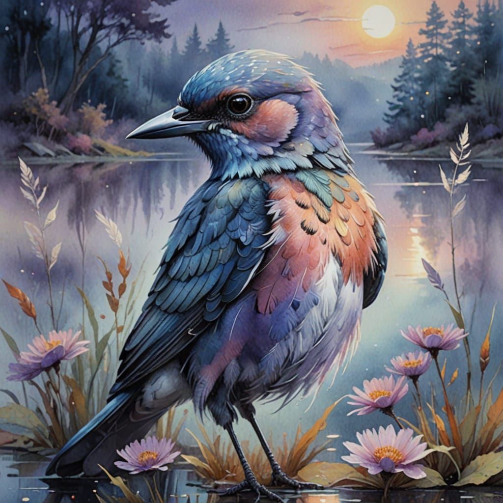 Dreamy Fauvist Watercolor of a Nightingale in Twilight