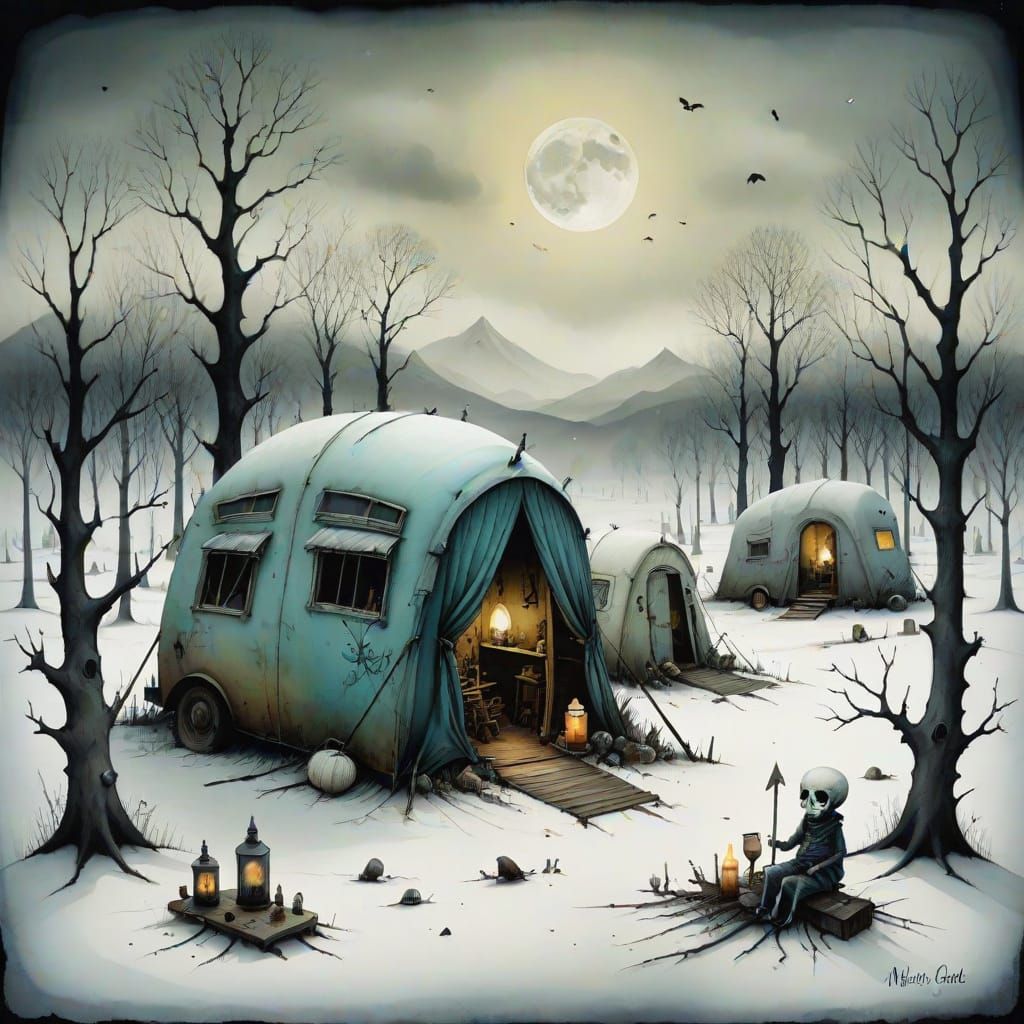 Macabre Winter Campsite Scene in Surreal Grisly Style