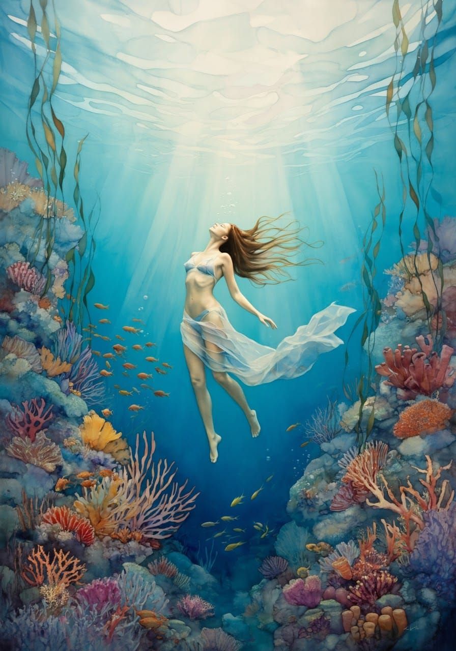 Coral Sea Serenity in Silk Painting Style